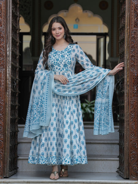 Skyblue Cotton Printed Round Neck 3/4 Sleeves Calf Length Flared Kurta Pant & Dupatta Set For Women Mizaz Jaipur