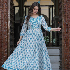 Skyblue Cotton Printed Round Neck 3/4 Sleeves Calf Length Flared Kurta Pant & Dupatta Set For Women Mizaz Jaipur