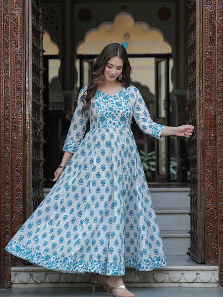 Skyblue Cotton Printed Round Neck 3/4 Sleeves Calf Length Flared Kurta Pant & Dupatta Set For Women Mizaz Jaipur