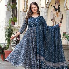 Blue Pure Cotton Printed Round Neck 3/4 Sleeves Calf Length Anarkali Kurta, Pant & Dupatta Set Mizaz Jaipur