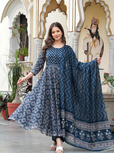 Blue Pure Cotton Printed Round Neck 3/4 Sleeves Calf Length Anarkali Kurta, Pant & Dupatta Set Mizaz Jaipur
