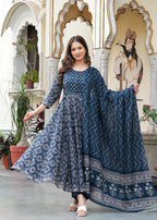 Blue Pure Cotton Printed Round Neck 3/4 Sleeves Calf Length Anarkali Kurta, Pant & Dupatta Set Mizaz Jaipur