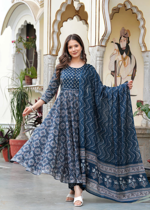 Blue Pure Cotton Printed Round Neck 3/4 Sleeves Calf Length Anarkali Kurta, Pant & Dupatta Set Mizaz Jaipur