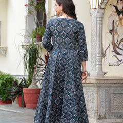 Blue Pure Cotton Printed Round Neck 3/4 Sleeves Calf Length Anarkali Kurta, Pant & Dupatta Set Mizaz Jaipur