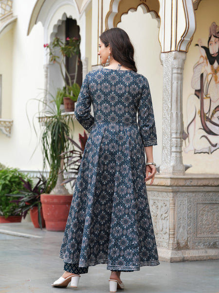 Blue Pure Cotton Printed Round Neck 3/4 Sleeves Calf Length Anarkali Kurta, Pant & Dupatta Set Mizaz Jaipur