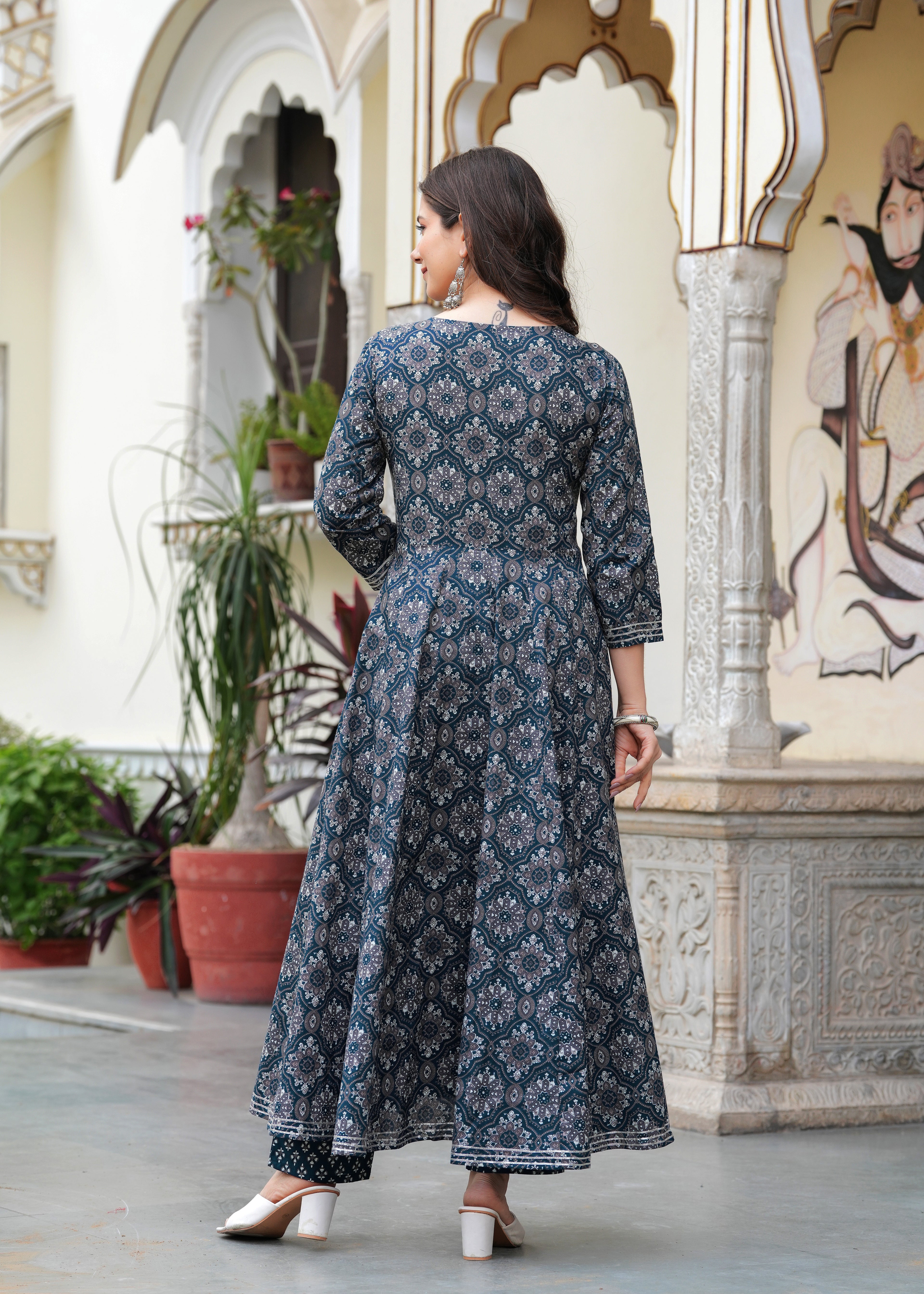 Blue Pure Cotton Printed Round Neck 3/4 Sleeves Calf Length Anarkali Kurta, Pant & Dupatta Set Mizaz Jaipur
