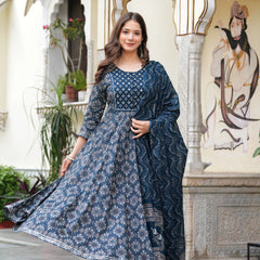 Blue Pure Cotton Printed Round Neck 3/4 Sleeves Calf Length Anarkali Kurta, Pant & Dupatta Set Mizaz Jaipur