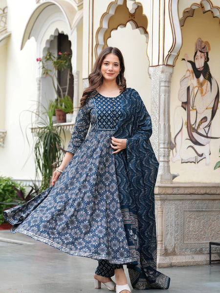 Blue Pure Cotton Printed Round Neck 3/4 Sleeves Calf Length Anarkali Kurta, Pant & Dupatta Set Mizaz Jaipur