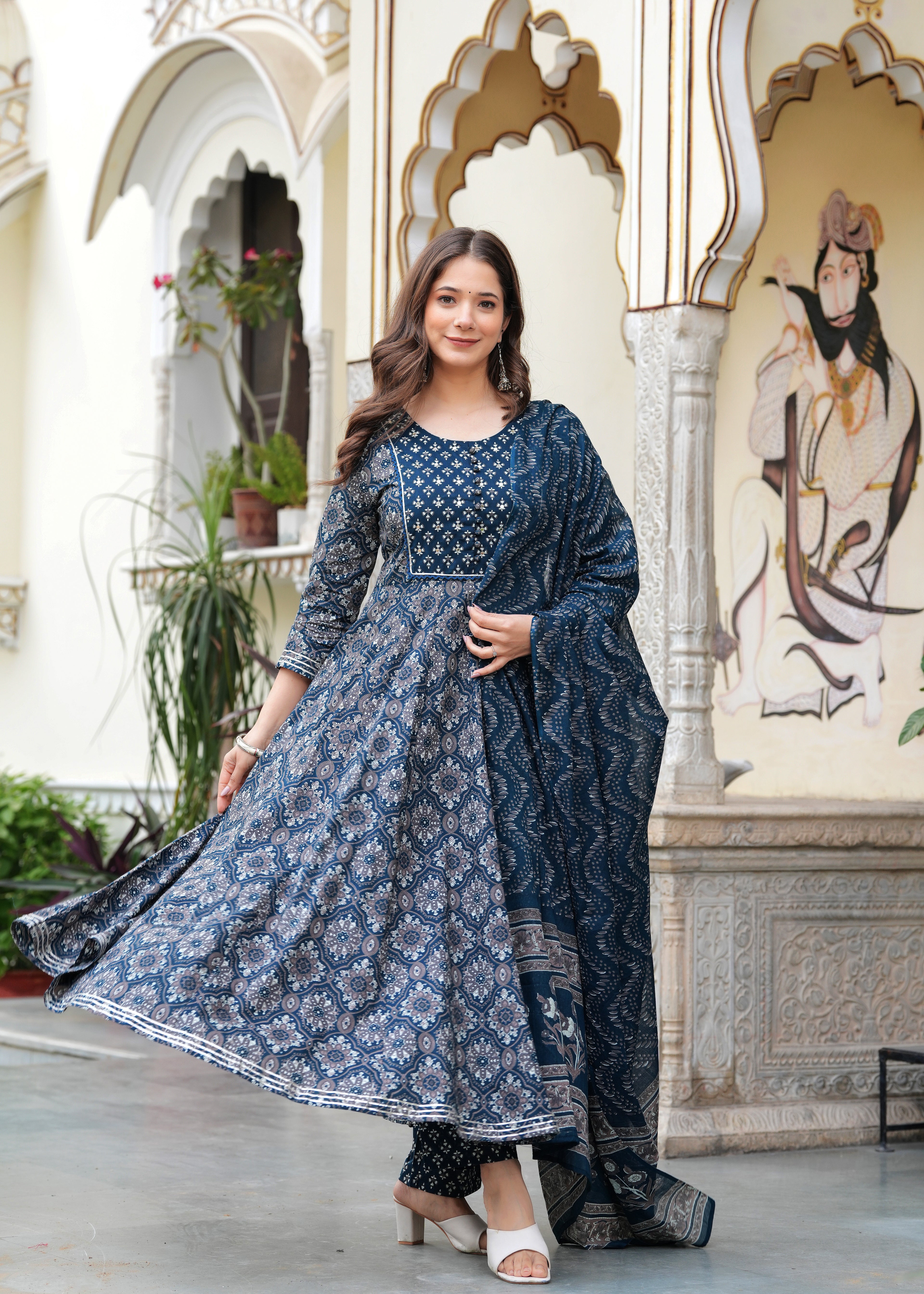 Blue Pure Cotton Printed Round Neck 3/4 Sleeves Calf Length Anarkali Kurta, Pant & Dupatta Set Mizaz Jaipur