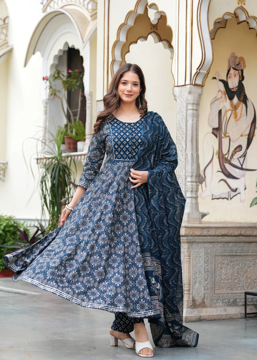 Blue Pure Cotton Printed Round Neck 3/4 Sleeves Calf Length Anarkali Kurta, Pant & Dupatta Set Mizaz Jaipur