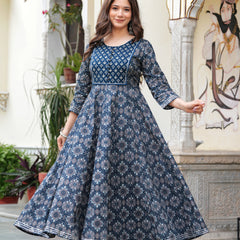 Blue Pure Cotton Printed Round Neck 3/4 Sleeves Calf Length Anarkali Kurta, Pant & Dupatta Set Mizaz Jaipur
