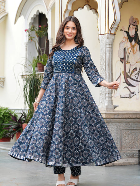Blue Pure Cotton Printed Round Neck 3/4 Sleeves Calf Length Anarkali Kurta, Pant & Dupatta Set Mizaz Jaipur