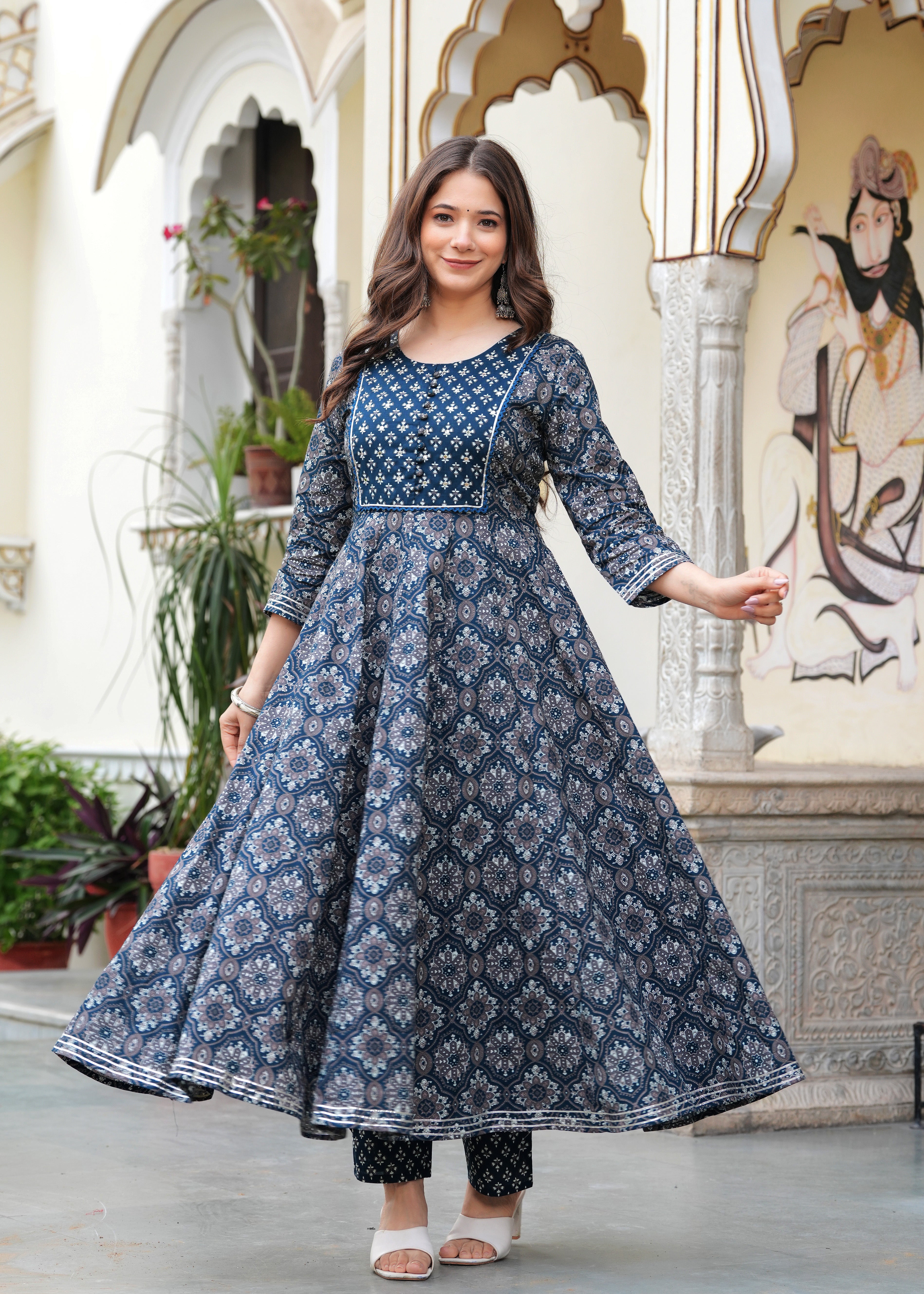 Blue Pure Cotton Printed Round Neck 3/4 Sleeves Calf Length Anarkali Kurta, Pant & Dupatta Set Mizaz Jaipur
