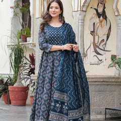 Blue Pure Cotton Printed Round Neck 3/4 Sleeves Calf Length Anarkali Kurta, Pant & Dupatta Set Mizaz Jaipur