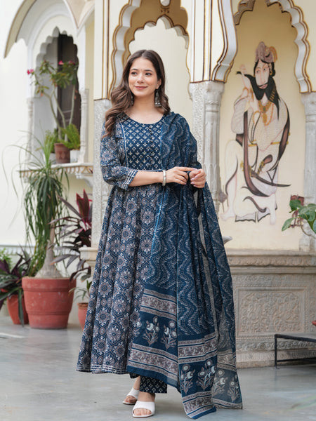Blue Pure Cotton Printed Round Neck 3/4 Sleeves Calf Length Anarkali Kurta, Pant & Dupatta Set Mizaz Jaipur