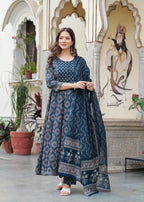 Blue Pure Cotton Printed Round Neck 3/4 Sleeves Calf Length Anarkali Kurta, Pant & Dupatta Set Mizaz Jaipur