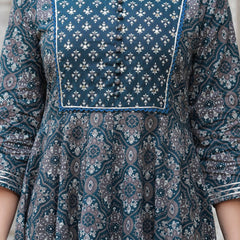 Blue Pure Cotton Printed Round Neck 3/4 Sleeves Calf Length Anarkali Kurta, Pant & Dupatta Set Mizaz Jaipur