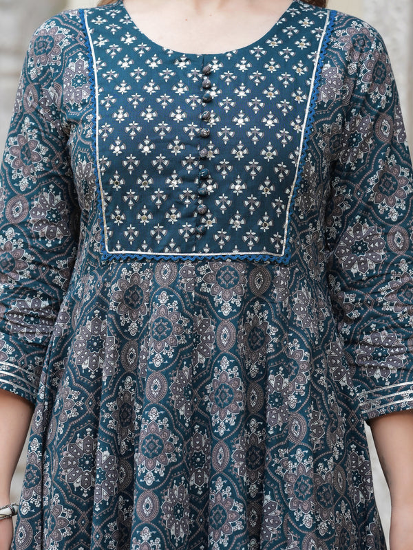 Blue Pure Cotton Printed Round Neck 3/4 Sleeves Calf Length Anarkali Kurta, Pant & Dupatta Set Mizaz Jaipur