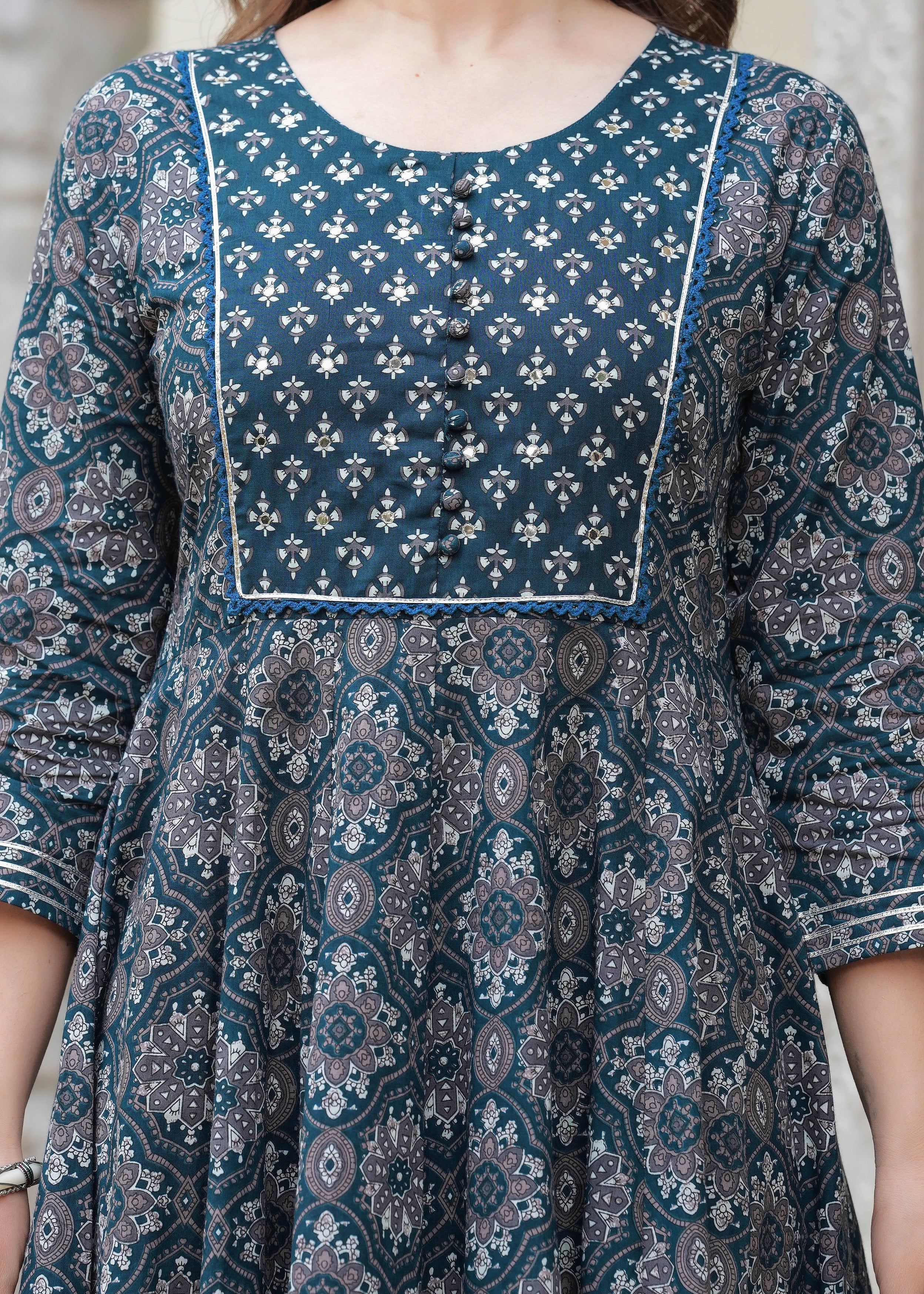 Blue Pure Cotton Printed Round Neck 3/4 Sleeves Calf Length Anarkali Kurta, Pant & Dupatta Set Mizaz Jaipur