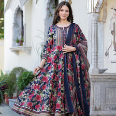 Navy Blue Pure Cotton Printed Round Neck Calf Length Anarkali Kurta, Pant & Dupatta Set Mizaz Jaipur