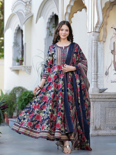 Navy Blue Pure Cotton Printed Round Neck Calf Length Anarkali Kurta, Pant & Dupatta Set Mizaz Jaipur