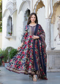 Navy Blue Pure Cotton Printed Round Neck Calf Length Anarkali Kurta, Pant & Dupatta Set Mizaz Jaipur