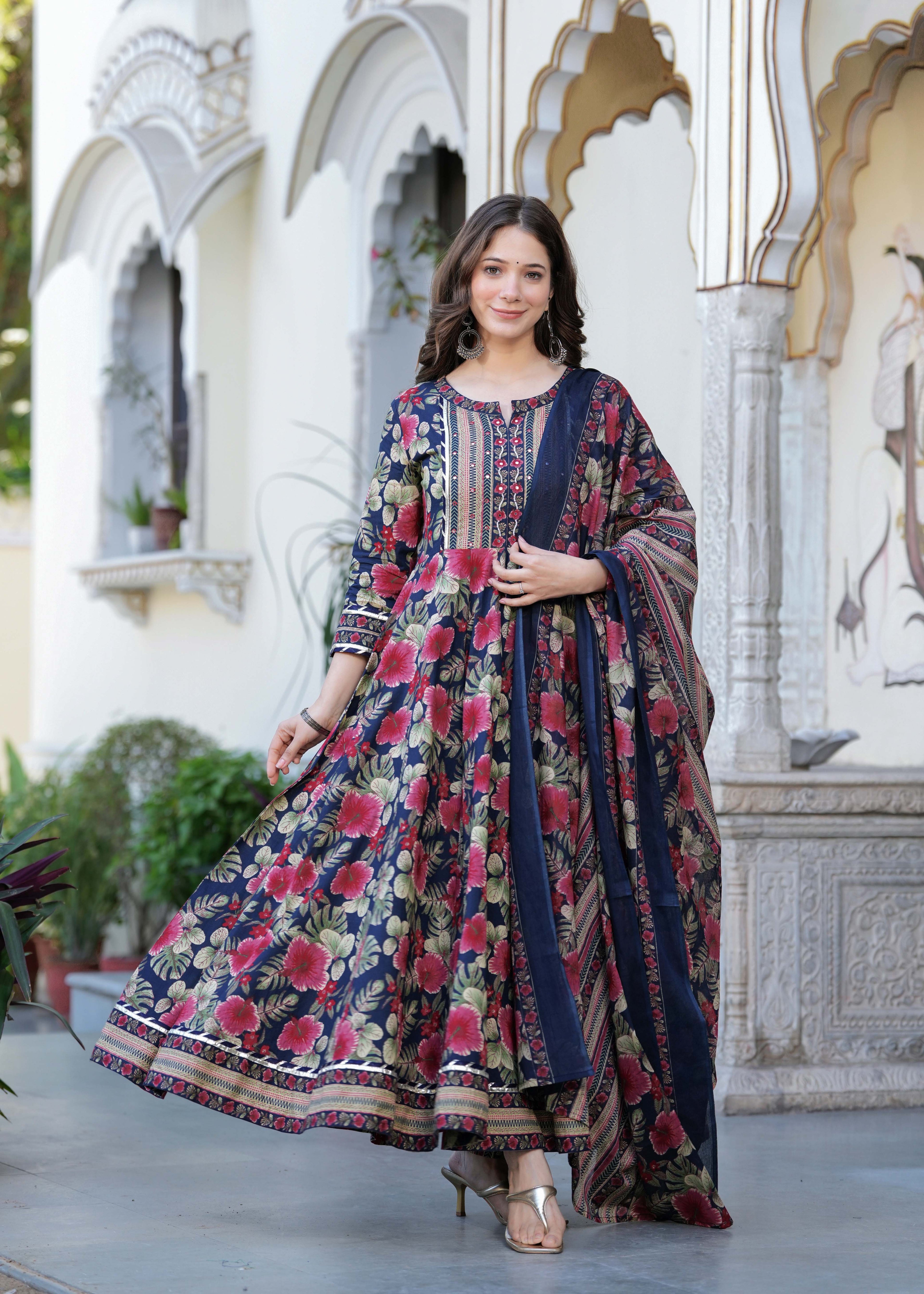 Navy Blue Pure Cotton Printed Round Neck Calf Length Anarkali Kurta, Pant & Dupatta Set Mizaz Jaipur