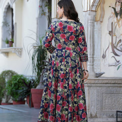 Navy Blue Pure Cotton Printed Round Neck Calf Length Anarkali Kurta, Pant & Dupatta Set Mizaz Jaipur