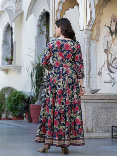 Navy Blue Pure Cotton Printed Round Neck Calf Length Anarkali Kurta, Pant & Dupatta Set Mizaz Jaipur