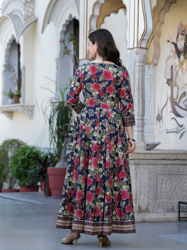 Navy Blue Pure Cotton Printed Round Neck Calf Length Anarkali Kurta, Pant & Dupatta Set Mizaz Jaipur