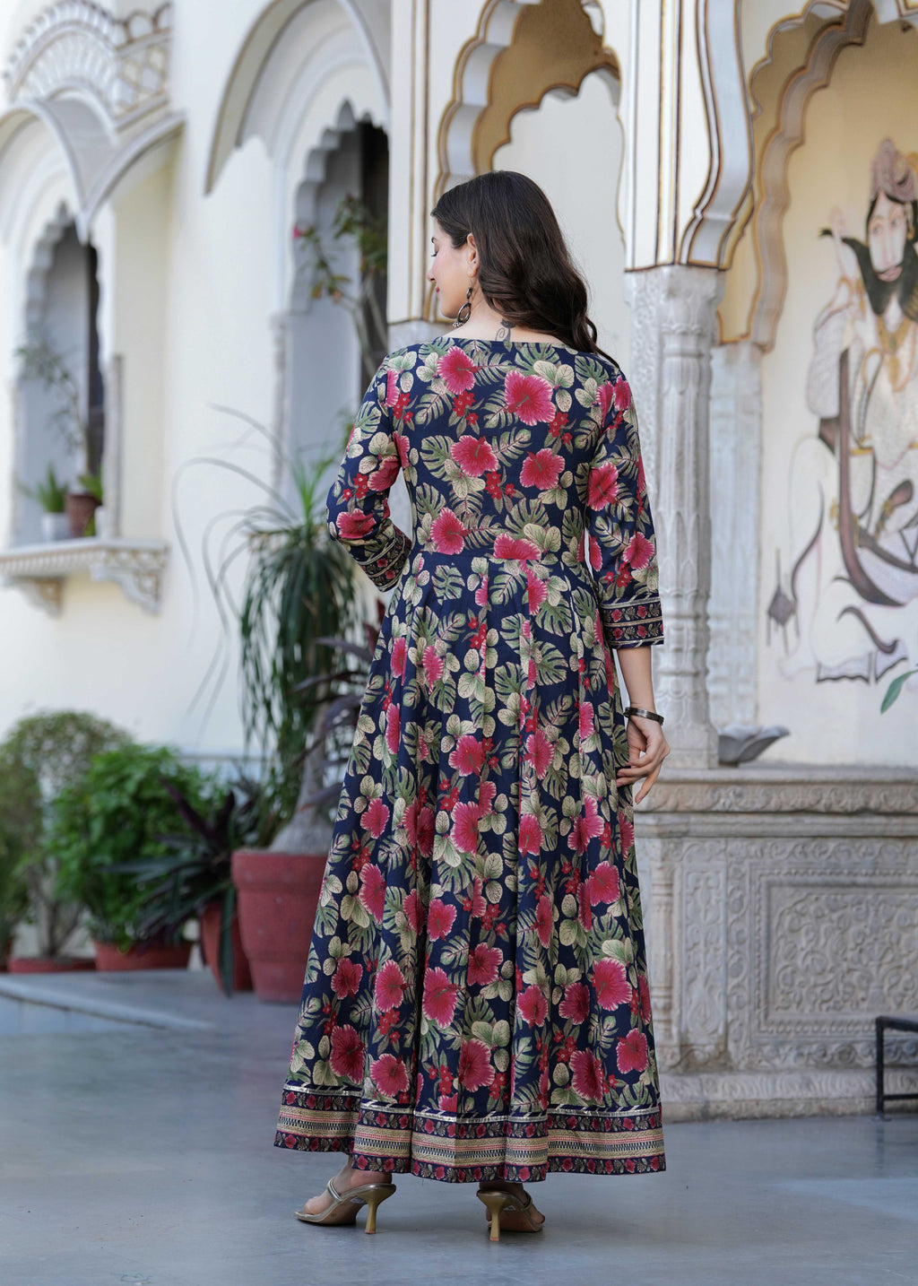 Navy Blue Pure Cotton Printed Round Neck Calf Length Anarkali Kurta, Pant & Dupatta Set Mizaz Jaipur