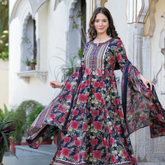 Navy Blue Pure Cotton Printed Round Neck Calf Length Anarkali Kurta, Pant & Dupatta Set Mizaz Jaipur