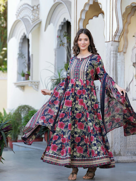Navy Blue Pure Cotton Printed Round Neck Calf Length Anarkali Kurta, Pant & Dupatta Set Mizaz Jaipur