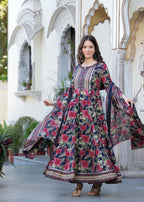 Navy Blue Pure Cotton Printed Round Neck Calf Length Anarkali Kurta, Pant & Dupatta Set Mizaz Jaipur
