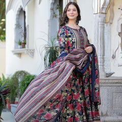 Navy Blue Pure Cotton Printed Round Neck Calf Length Anarkali Kurta, Pant & Dupatta Set Mizaz Jaipur