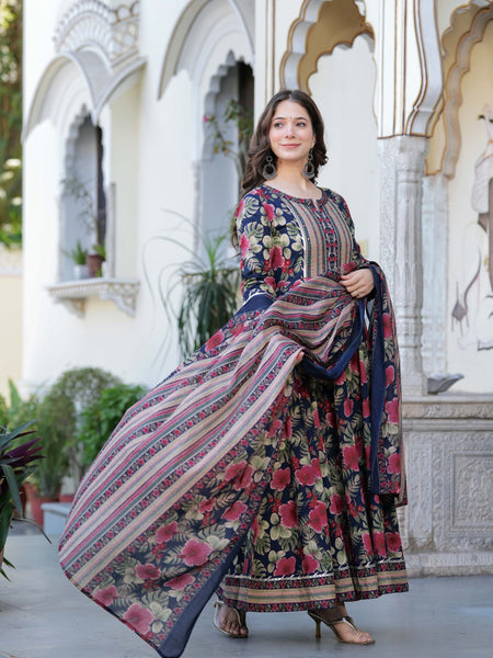 Navy Blue Pure Cotton Printed Round Neck Calf Length Anarkali Kurta, Pant & Dupatta Set Mizaz Jaipur