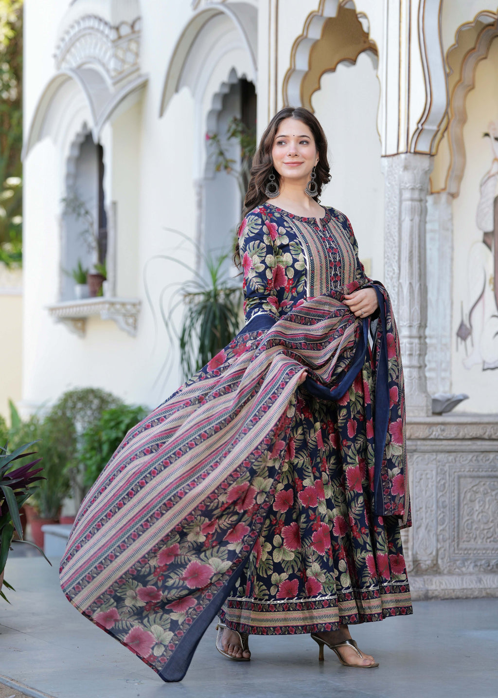 Navy Blue Pure Cotton Printed Round Neck Calf Length Anarkali Kurta, Pant & Dupatta Set Mizaz Jaipur