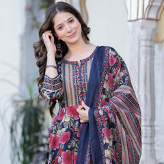Navy Blue Pure Cotton Printed Round Neck Calf Length Anarkali Kurta, Pant & Dupatta Set Mizaz Jaipur