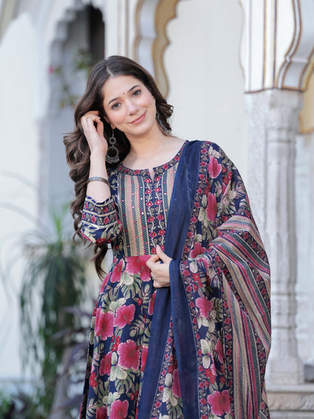 Navy Blue Pure Cotton Printed Round Neck Calf Length Anarkali Kurta, Pant & Dupatta Set Mizaz Jaipur