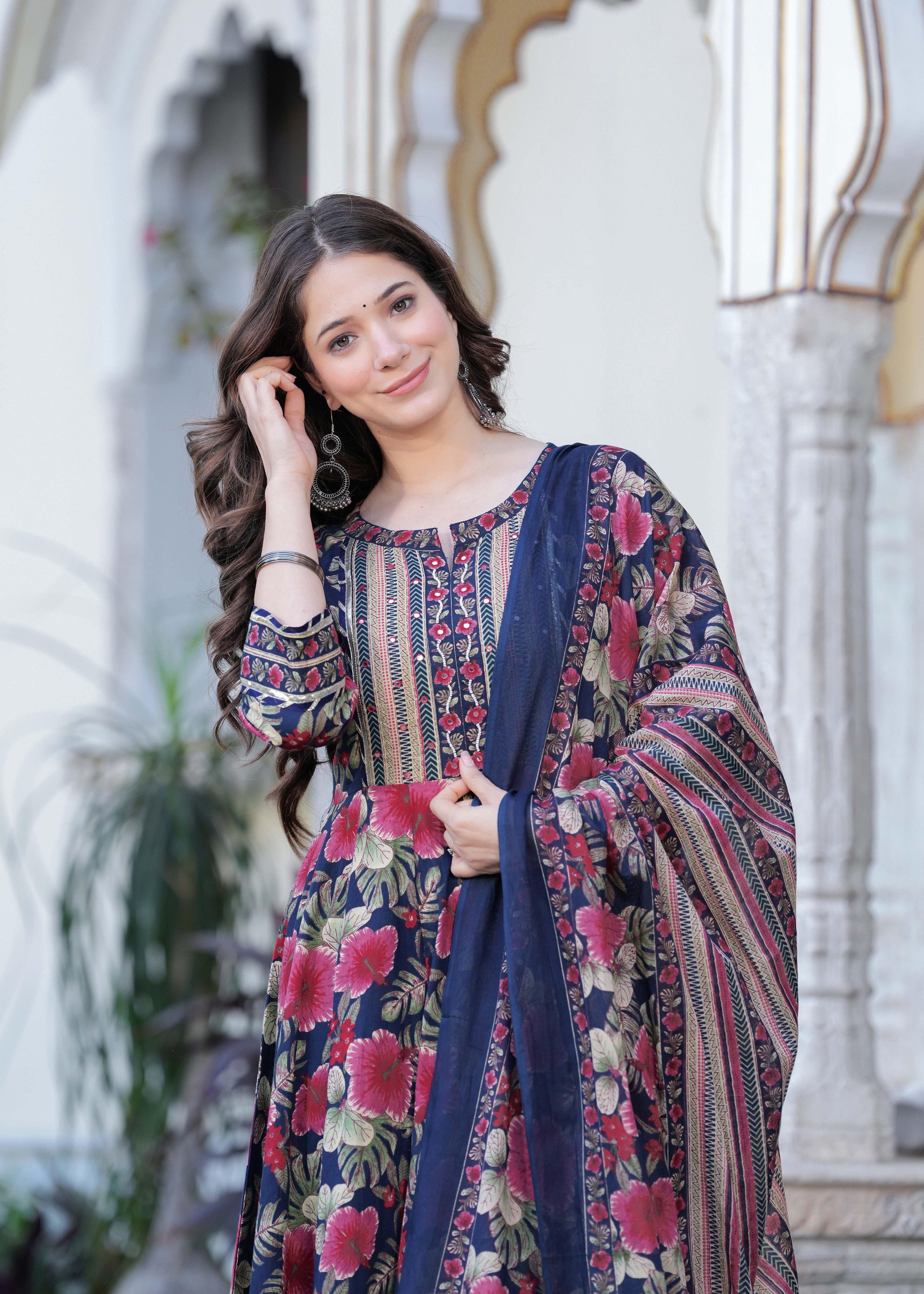 Navy Blue Pure Cotton Printed Round Neck Calf Length Anarkali Kurta, Pant & Dupatta Set Mizaz Jaipur
