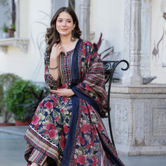 Navy Blue Pure Cotton Printed Round Neck Calf Length Anarkali Kurta, Pant & Dupatta Set Mizaz Jaipur
