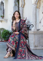 Navy Blue Pure Cotton Printed Round Neck Calf Length Anarkali Kurta, Pant & Dupatta Set Mizaz Jaipur