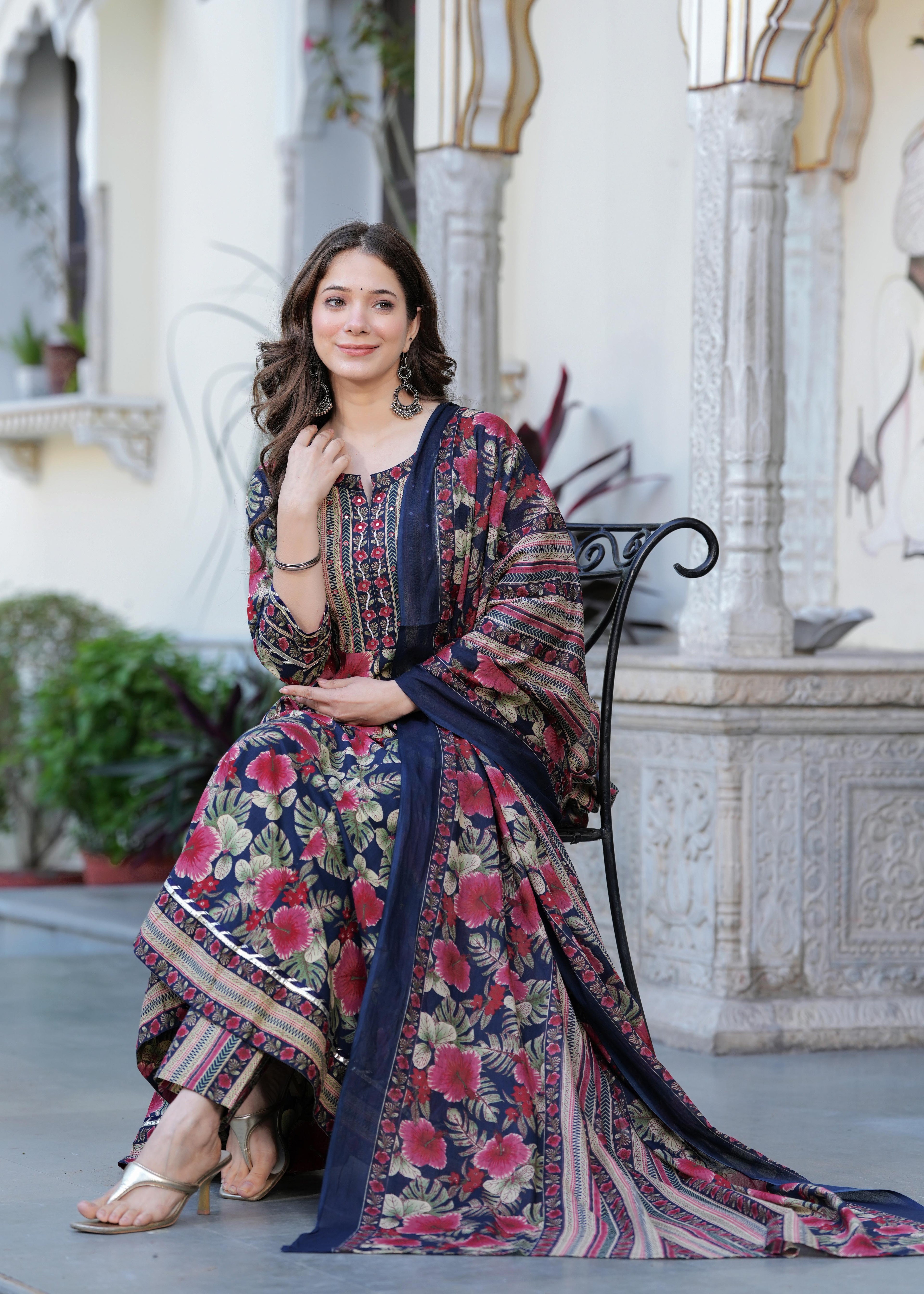 Navy Blue Pure Cotton Printed Round Neck Calf Length Anarkali Kurta, Pant & Dupatta Set Mizaz Jaipur