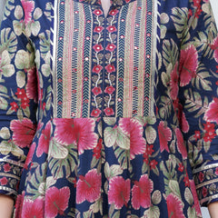 Navy Blue Pure Cotton Printed Round Neck Calf Length Anarkali Kurta, Pant & Dupatta Set Mizaz Jaipur