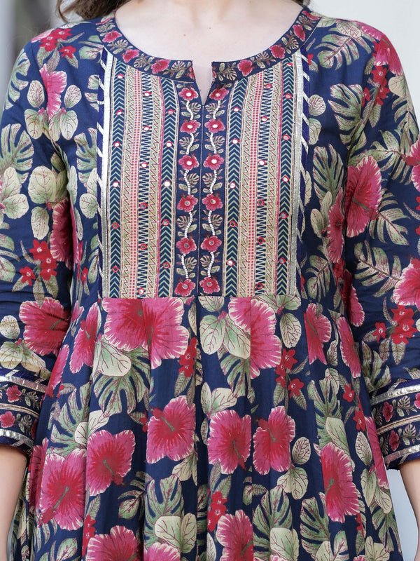 Navy Blue Pure Cotton Printed Round Neck Calf Length Anarkali Kurta, Pant & Dupatta Set Mizaz Jaipur