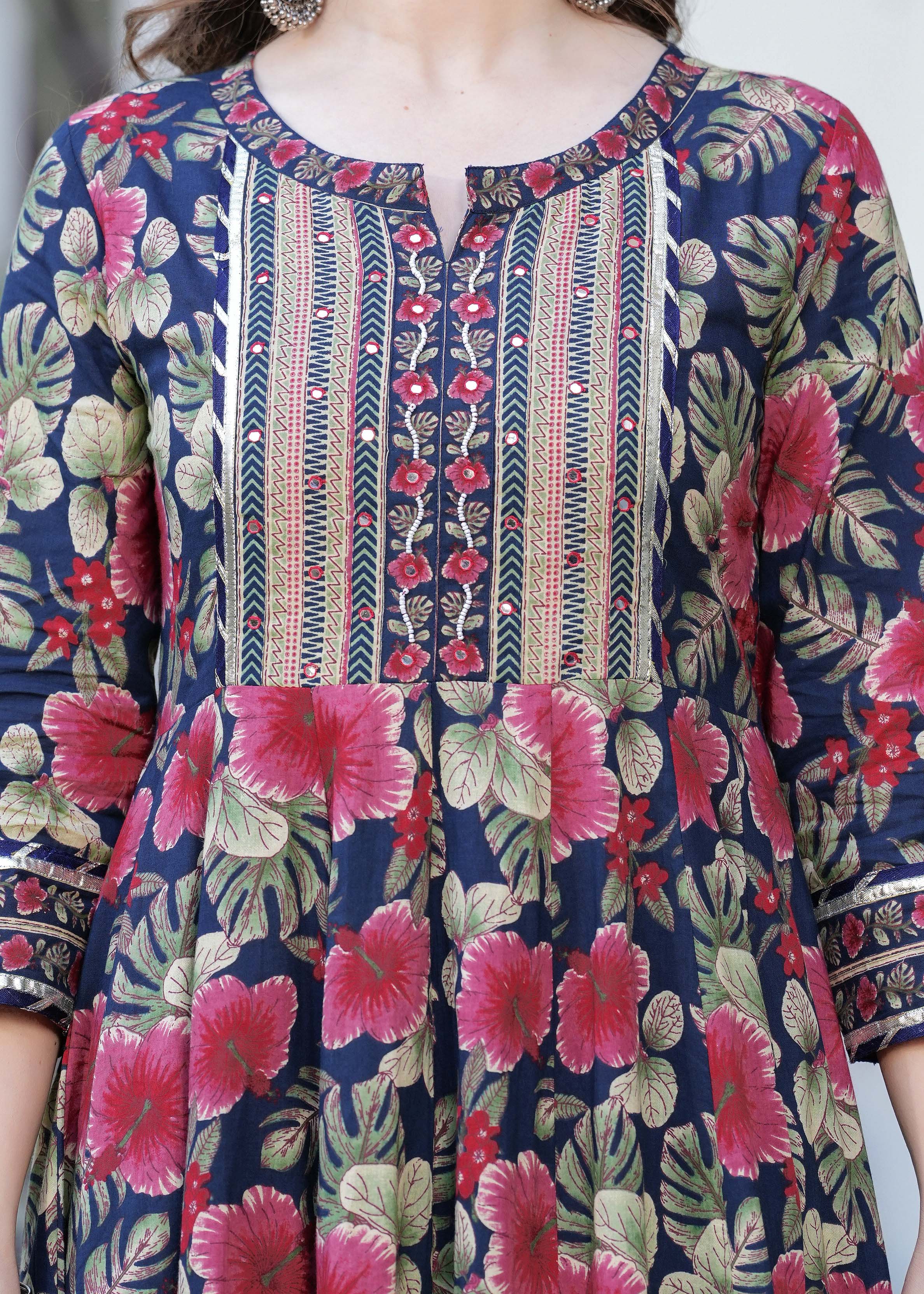 Navy Blue Pure Cotton Printed Round Neck Calf Length Anarkali Kurta, Pant & Dupatta Set Mizaz Jaipur