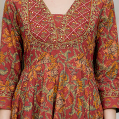 Maroon Pure Cotton Printed V-Nack 3/4 Sleeves Calf Length Anarkali Kurta, Pant & Dupatta Set Mizaz Jaipur