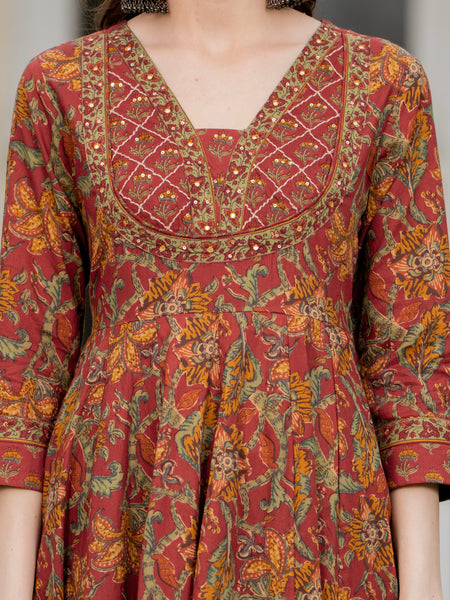 Maroon Pure Cotton Printed V-Nack 3/4 Sleeves Calf Length Anarkali Kurta, Pant & Dupatta Set Mizaz Jaipur