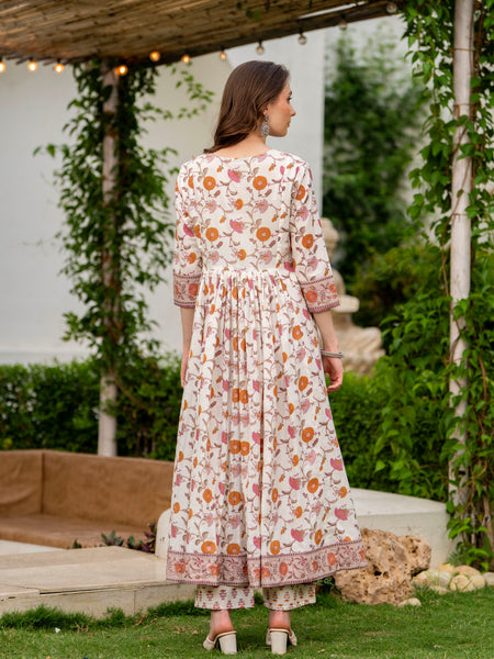 Cream Pure Cotton Printed Round Neck 3/4 Sleeves Calf Length Anarkali Kurta, Pant & Dupatta Set Mizaz Jaipur