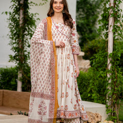 Cream Pure Cotton Printed Round Neck 3/4 Sleeves Calf Length Anarkali Kurta, Pant & Dupatta Set Mizaz Jaipur